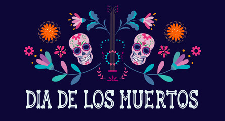 Mexican Day of the Dead horizontal greeting card vector illustration