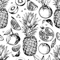 Seamless pattern with pineapples and fruits. Black and white hand drawn vector illustration.