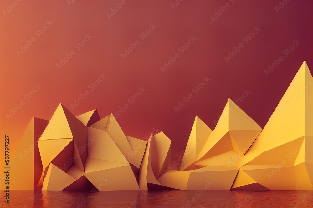 Poster 3d rendering of a very modern upscale yellow building, abstract 3d constructions on red and haze fut