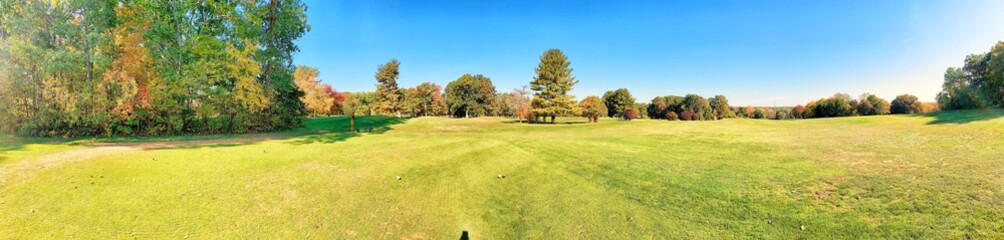 Beautiful Sunny Morning at Melody Hill Golf Country Club Course Fairway Field, Harmony, RI Rhode Island USA Panaramic at the 18th tee, Green Lawn Meadow Park Landscape