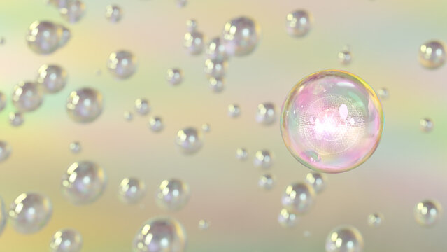 3D rendering Cosmetics Pearl Serum bubbles on defocus background. Collagen bubbles Design. Moisturizing Essentials and Serum Concept. Vitamin for personal care and beauty concept. 
