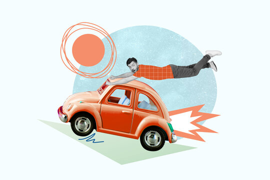 Picture collage advert of car insurance banner with fast speeding broken car guy not know how stop on painted background