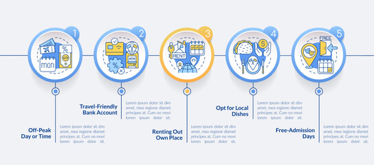 Reduce travel costs circle infographic template. Save money tips. Data visualization with 5 steps. Editable timeline info chart. Workflow layout with line icons. Lato Bold, Regular fonts used © bsd studio