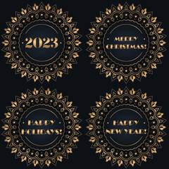 Set of greeting illustrations 2023 Happy New Year, Merry Christmas
