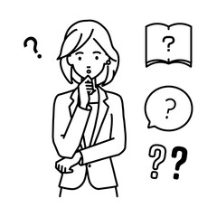 立って手をあごにあてて疑問を感じているスーツの女性 クエスチョンマークのセット