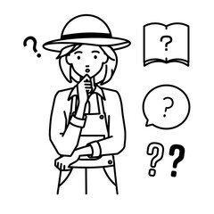 立って手をあごにあてて疑問を感じている農家の女性 クエスチョンマークのセット