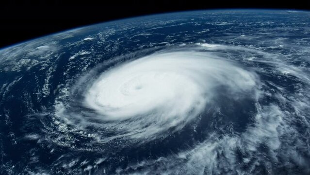 Hurricane rotating clouds on planet earth view from space starry sky in background. Animation based on image by Nasa