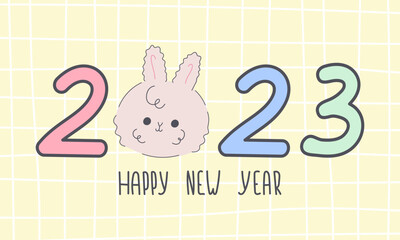 Happy new year 2023. Big numbers with a cute rabbit symbol of the year.