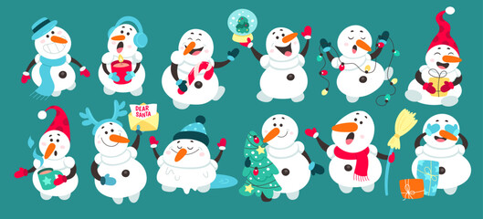 Funny snowmen flat icons set. Typical winter Christmas decorations. Snowman with broom, letter and hot tea. Evergreen tree with toys, presents and sweets for celebration. Color isolated illustrations