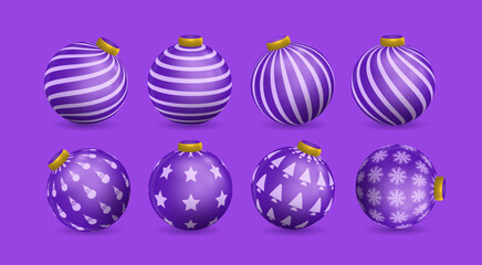 Set of purple Christmas ball decorations, with various patterns