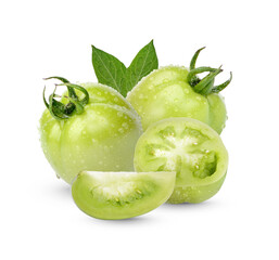 Fresh green tomatoes with leaves isolated on transparent background (.PNG)