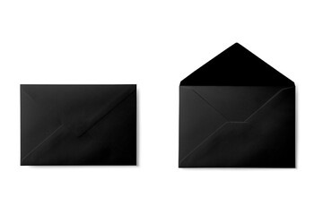 Black paper envelope open and closed mockup isolated on white background. 3d rendering. - obrazy, fototapety, plakaty