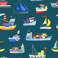 Seamless watercolor pattern with various ships, sailboat, barge, fishing boat, hand-painted on a dark background for textiles or wallpaper.