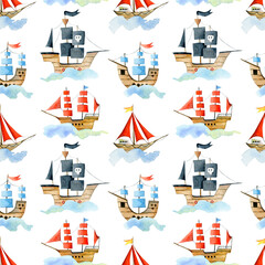Seamless watercolor pattern with wooden ships with a red sail, a pirate ship with a skull, hand-painted on a white background for textiles or wallpaper.