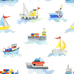 Seamless watercolor pattern with various ships, sailing ship, barge on the waves,hand-drawn on a white background for textiles or wallpaper.