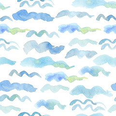 Seamless minimalistic pattern with watercolor blue waves on a white background. Delicate abstract pattern hand-drawn in watercolor