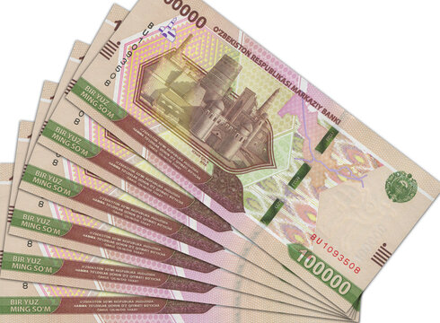 Paper money from Uzbekistan. Uzbekistani soum. Close up banknotes from Uzbekistan