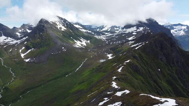 Aerial view of the beautiful mountains in Urke, Norway.