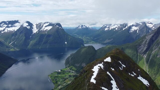 Aerial view of the beautiful mountains in Urke, Norway.