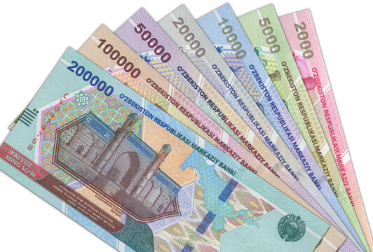 Paper money from Uzbekistan. Uzbekistani soum. Close up banknotes from Uzbekistan