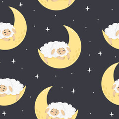 Seamless vector pattern. Cute sheep sleeping on the moon, stars. Pattern for baby products 