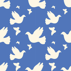 Blue patterns with white doves and butterflies. Seamless pattern illustration.