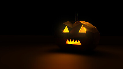 Close up shot of low poly carved pumpkin glowing in the dark. Most people use to decorated around their house in halloween festival, 3D Illustration © BPremCreator