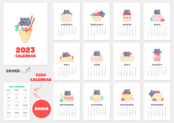 Calendar 2023 template with cute cats. Monthly calendar with black kittens and strawberry desserts. Bonus - 2024 calendar. Vector illustration 10 EPS.
