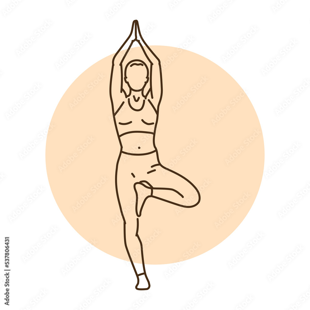 Poster tree pose vrikshasana color line illustration. pictogram for web page