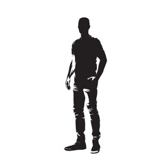 Man clothed in shirt and jeans standing , side view. Isolated vector silhouette