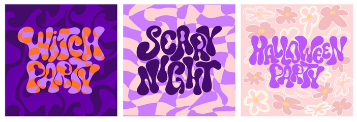 Vector set of Halloween party invitations or greeting cards with handwritten calligraphy and traditional symbols. Vector illustration