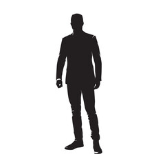 Businessman standing in suit, side view, isolated vector silhouette