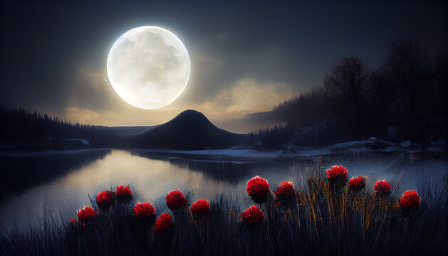 Beautiful Fantasy Landscape With Mountain, Lake, Red Flowers And Huge Moon Background. 3D Illustration