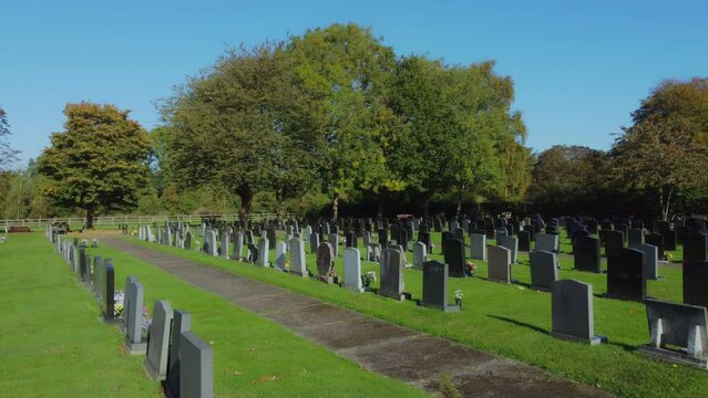 British graveyard, graves stones, headstones. Cemetery in Yorkshire. Filmed Yorkshire. England 