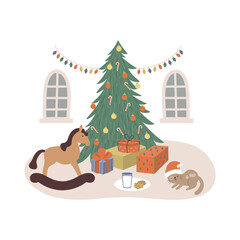 vector image of a Christmas tree horse and gifts
