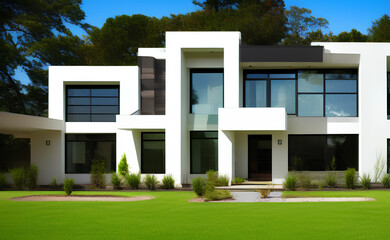 Luxury house exterior design concept in white color. 3D rendering