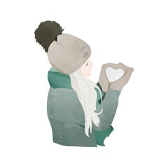 girl and heart made of snow