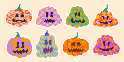 Cute retro textured pumpkin funny pumpkins with different faces isolated vector symbols set Happy halloween pumpkin characters.