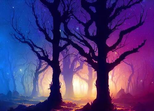Beautiful fantasy trees with glowing lights, epic fantasy colorfully digital art painting background illustration. 3D illustration