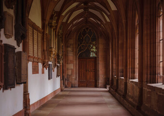 Gothic Protestant cathedral of Basel with two spiers and tiled roof, dating back to temple of the...