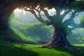 Fantasy a giant green tree on the mountain, digital art painting. 3D illustration - obrazy, fototapety, plakaty