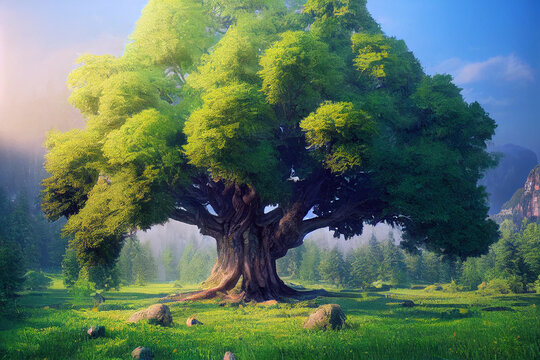 Fantasy a giant green tree on the mountain with blue sky, digital art painting. 3D illustration