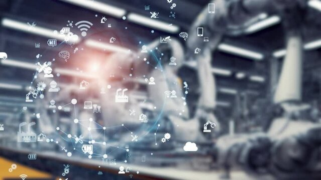 Futuristic industrial factory and digital technology concept. Factory automation.