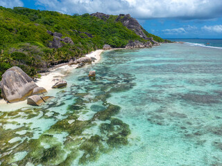 Drone view
Anse Source d'Argent, La Digue Seychelles,  tropical beach during a luxury vacation in Seychelles. Tropical beach Anse Source d'Argent, La Digue Seychelles