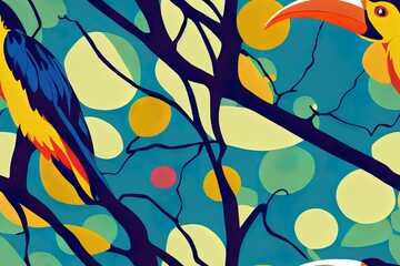 Naklejka premium seamless textile trendy 2d pattern with toucans on a branch in tropical nature in exotic with tropical leaves abstract painting