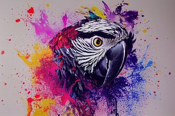 Illustration of colorful ara parrot in paint splashes. Majestic portrait. Big head of animal, dripping oil and water painting of a wild mammal. Watercolor drawing. 3D illustration.