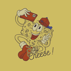 Cartoon emblem of cheese mascot doing selfie with retro style
