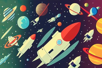 Space travel. Planets, aliens and rockets. Space childish banner. 2d cartoon illustration. EPS 10