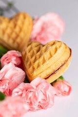 waffle heart dessert with pink flowers carnations gift for girlfriend