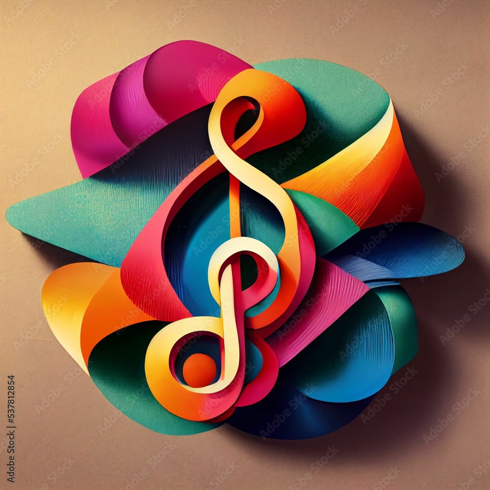 Poster digital 3d render of an abstract colorful music note shape